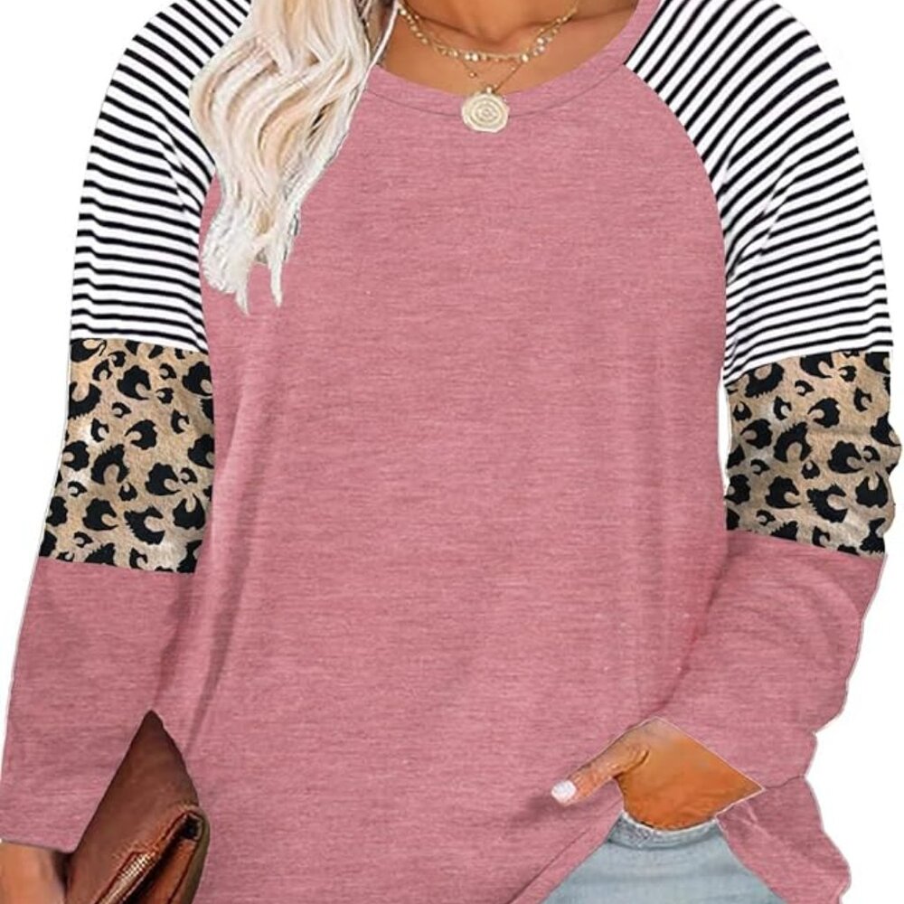 ROSRISS Women's 14W, 16W Plus Size Long Sleeve Pink Top Leopard Print Striped Co
